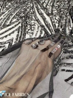 Black Damask Stretch Sequin Fabric On Mesh -Luxtex Store BlackDamaskStretchSequinFabricOnMesh4 1