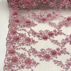 3D Embroidered French Beaded Mesh Lace Fabric -Luxtex Store Dusty Rose 3D Embroidered French Beaded Mesh Lace Fabric2