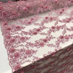 3D Embroidered French Beaded Mesh Lace Fabric -Luxtex Store Dusty Rose 3D Embroidered French Beaded Mesh Lace Fabric4