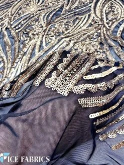 Gold On Black Damask Stretch Sequin Fabric On Mesh -Luxtex Store GoldonBlackDamaskStretchSequinFabricOnMesh5
