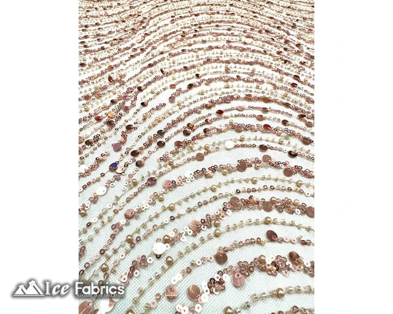 Wavy Beaded Embroidered Sequin Fabric On Mesh Fabric - Image 11