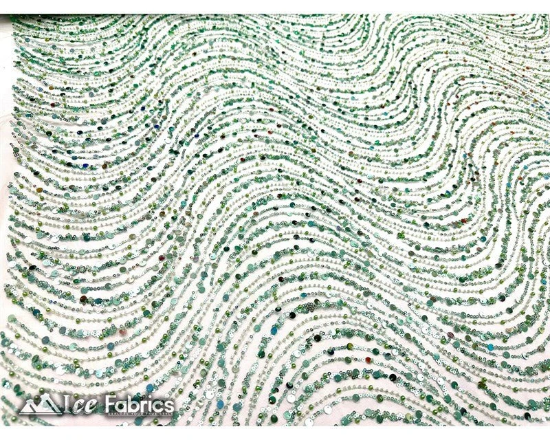 Wavy Beaded Embroidered Sequin Fabric On Mesh Fabric - Image 13