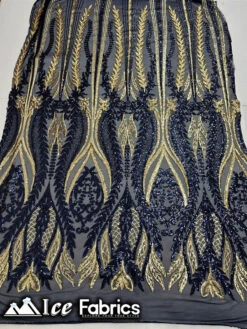 Lucy Damask Sequin Fabric On Spandex Mesh -Luxtex Store NavyGold