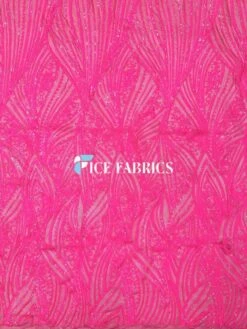Neon Pink Damask Stretch Sequin Fabric On Mesh