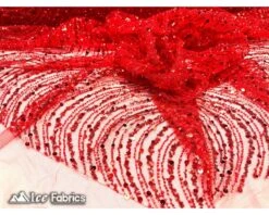 Wavy Beaded Embroidered Sequin Fabric On Mesh Fabric -Luxtex Store Red Wavy Beaded Embroidered Sequin Fabric on Mesh Fabric 3