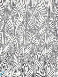 Silver On White Stretch Sequin Fabric On Mesh -Luxtex Store SilveronWhiteDamaskStretchSequinFabricOnMesh3