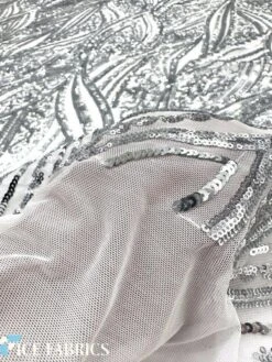 Silver On White Stretch Sequin Fabric On Mesh -Luxtex Store SilveronWhiteDamaskStretchSequinFabricOnMesh5