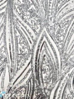 Silver On White Stretch Sequin Fabric On Mesh -Luxtex Store SilveronWhiteDamaskStretchSequinFabricOnMesh6