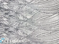 Silver On White Stretch Sequin Fabric On Mesh -Luxtex Store SilveronWhiteDamaskStretchSequinFabricOnMesh7