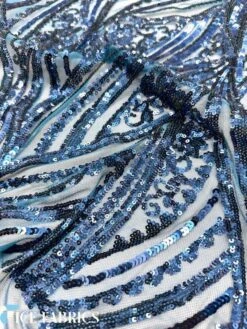 Teal Blue Stretch Sequin Fabric On Mesh -Luxtex Store TealBlueDamaskStretchSequinFabricOnMesh4