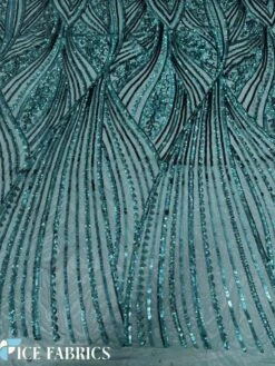 Teal Green Stretch Sequin Fabric On Mesh -Luxtex Store TealGreenDamaskStretchSequinFabricOnMesh5