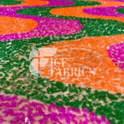 Wavy Lavender Green Neon Orange On Nude Stretch Velvet Sequin Fabric -Luxtex Store WavySequinStretchVelvetFabricbyTheYard LavenderGreenNeonOrangeonNudeVelvetforApparel Costume Decor10