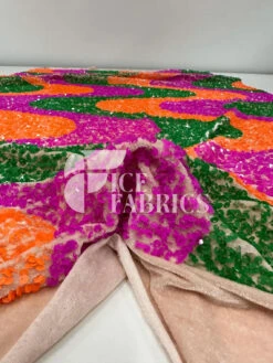 Wavy Lavender Green Neon Orange On Nude Stretch Velvet Sequin Fabric -Luxtex Store WavySequinStretchVelvetFabricbyTheYard LavenderGreenNeonOrangeonNudeVelvetforApparel Costume Decor2