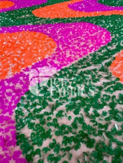 Wavy Lavender Green Neon Orange On Nude Stretch Velvet Sequin Fabric -Luxtex Store WavySequinStretchVelvetFabricbyTheYard LavenderGreenNeonOrangeonNudeVelvetforApparel Costume Decor3