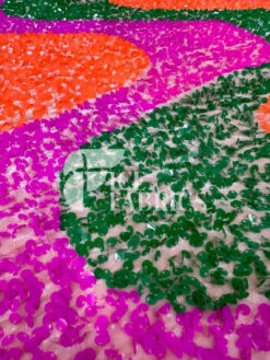 Wavy Lavender Green Neon Orange On Nude Stretch Velvet Sequin Fabric -Luxtex Store WavySequinStretchVelvetFabricbyTheYard LavenderGreenNeonOrangeonNudeVelvetforApparel Costume Decor7