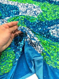 Wavy Lime White On Turquoise Stretch Velvet Sequin Fabric -Luxtex Store WavySequinStretchVelvetFabricbyTheYard LimeWhiteonTurquoiseVelvetforApparel Costume Decor1