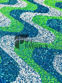 Wavy Lime White On Turquoise Stretch Velvet Sequin Fabric -Luxtex Store WavySequinStretchVelvetFabricbyTheYard LimeWhiteonTurquoiseVelvetforApparel Costume Decor4