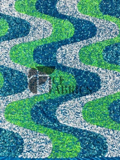 Wavy Lime White On Turquoise Stretch Velvet Sequin Fabric