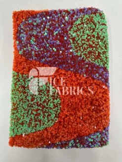 Wavy Neon Orange Green Purple Iridescent On Orange Stretch Velvet Sequin Fabric -Luxtex Store WavySequinStretchVelvetFabricbyTheYard NeonOrangeGreenPurpleIridescentonOrangeVelvetforApparel Costume Decor1