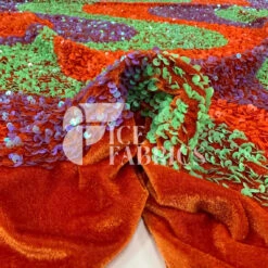 Wavy Neon Orange Green Purple Iridescent On Orange Stretch Velvet Sequin Fabric -Luxtex Store WavySequinStretchVelvetFabricbyTheYard NeonOrangeGreenPurpleIridescentonOrangeVelvetforApparel Costume Decor2