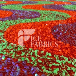 Wavy Neon Orange Green Purple Iridescent On Orange Stretch Velvet Sequin Fabric -Luxtex Store WavySequinStretchVelvetFabricbyTheYard NeonOrangeGreenPurpleIridescentonOrangeVelvetforApparel Costume Decor4
