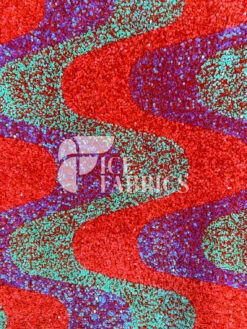 Wavy Neon Orange Green Purple Iridescent On Orange Stretch Velvet Sequin Fabric