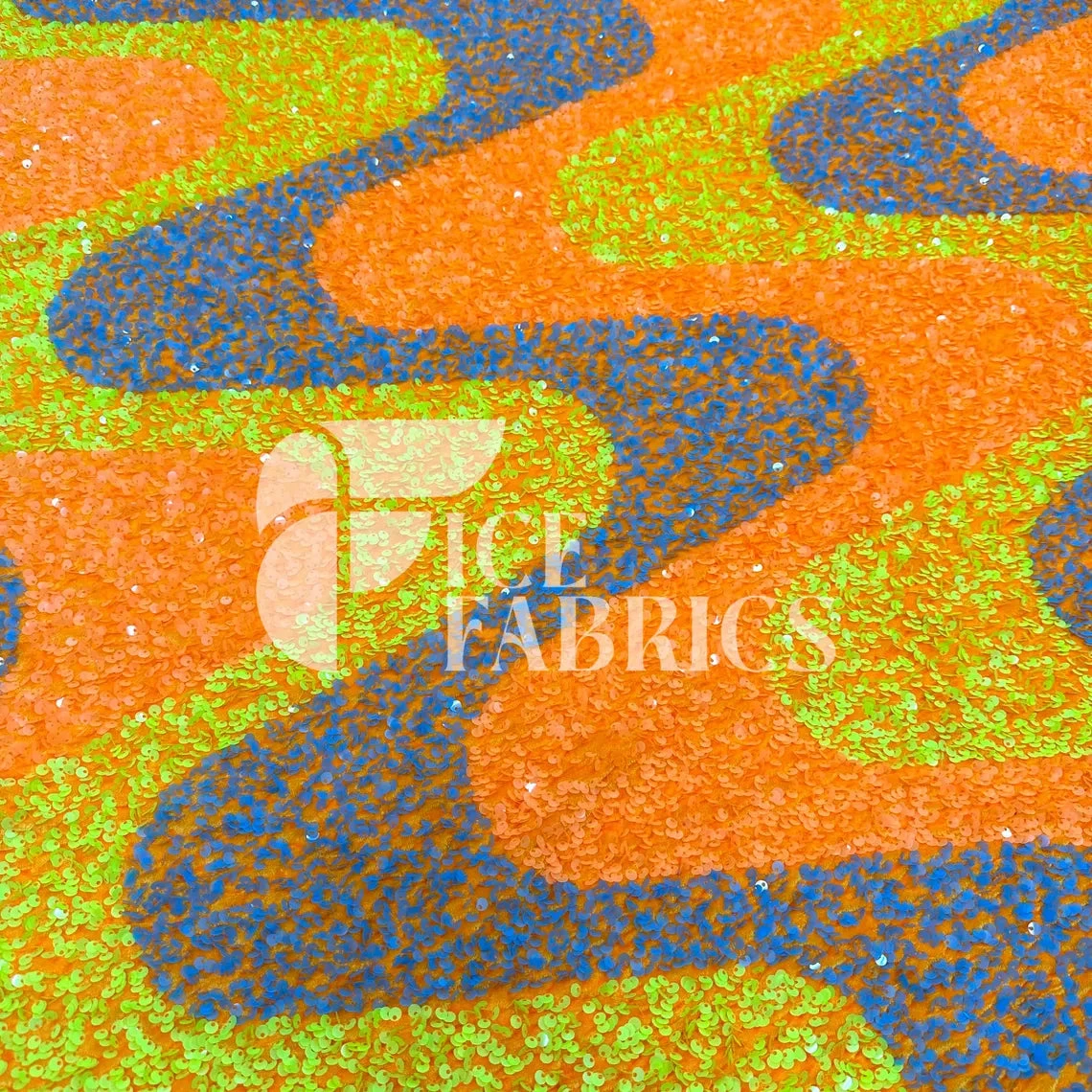 Wavy Neon Orange Yellow On Orange Stretch Velvet Sequin Fabric 6 Wavy Neon Orange Yellow On Orange Stretch Velvet Sequin Fabric - Image 4