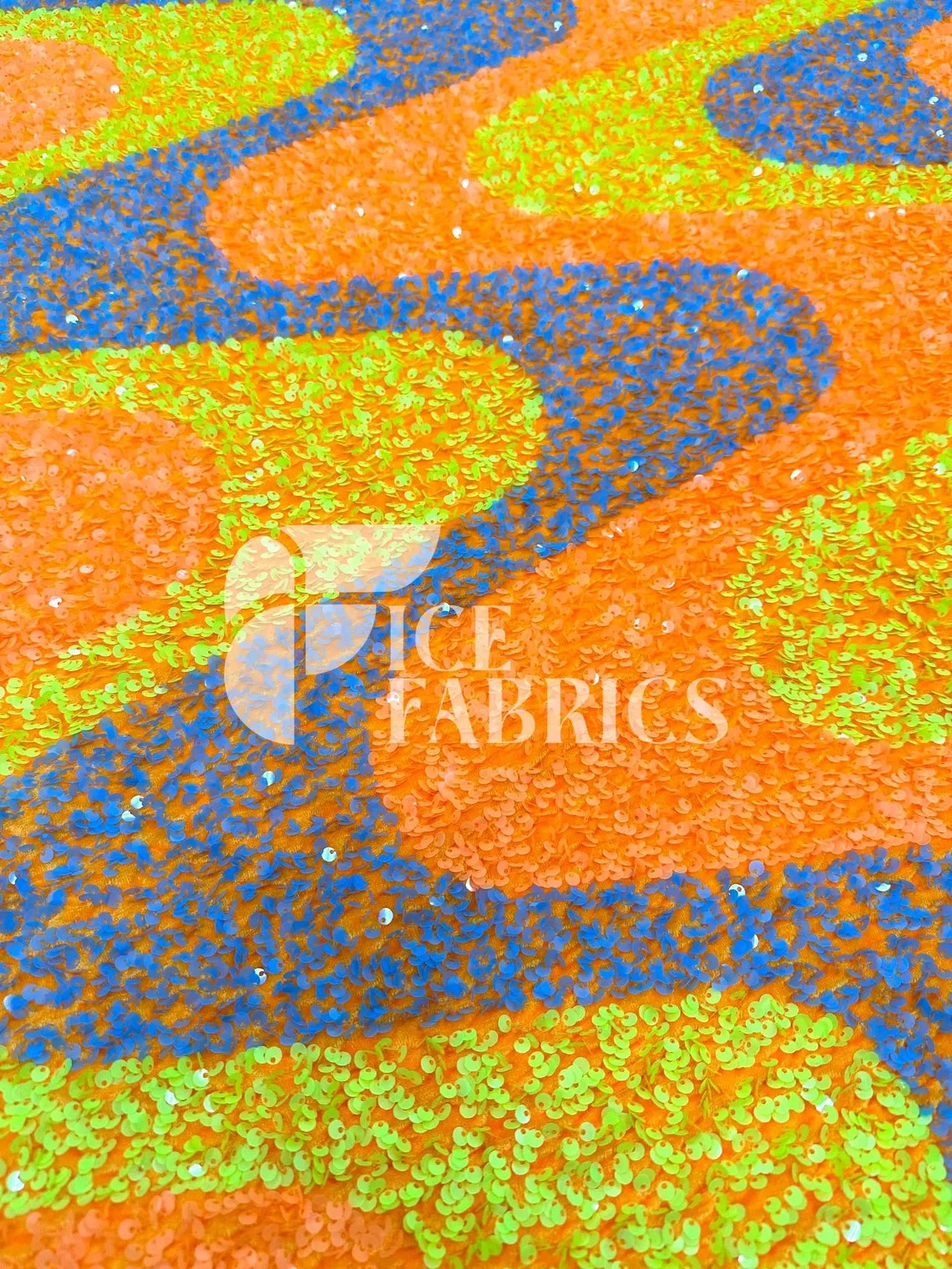 Wavy Neon Orange Yellow On Orange Stretch Velvet Sequin Fabric 5 Wavy Neon Orange Yellow On Orange Stretch Velvet Sequin Fabric - Image 3