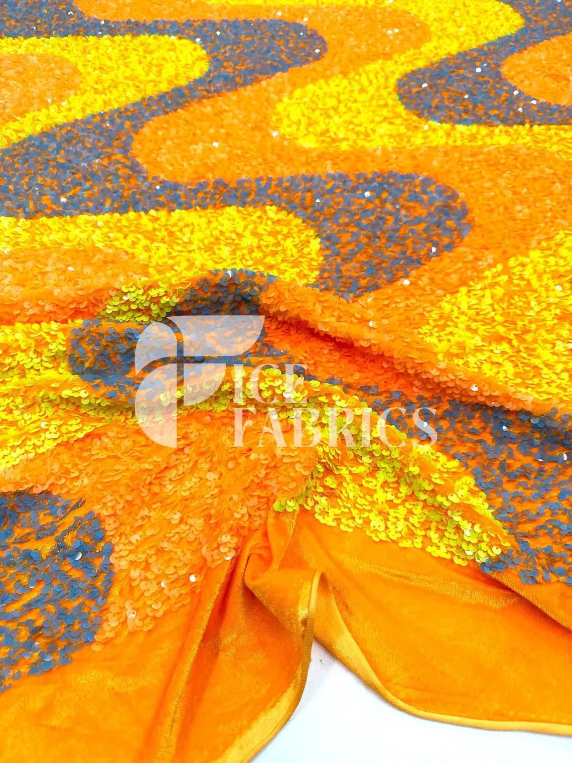 Wavy Neon Orange Yellow On Orange Stretch Velvet Sequin Fabric 4 Wavy Neon Orange Yellow On Orange Stretch Velvet Sequin Fabric - Image 2
