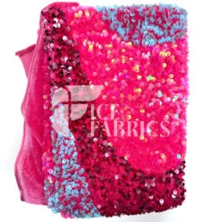 Wavy Neon Pink Blue Iridescent On Pink Stretch Velvet Sequin Fabric -Luxtex Store WavySequinStretchVelvetFabricbyTheYard NeonPinkBlueIridescentonPinkVelvetforApparel Costume Decor1