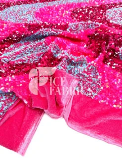 Wavy Neon Pink Blue Iridescent On Pink Stretch Velvet Sequin Fabric -Luxtex Store WavySequinStretchVelvetFabricbyTheYard NeonPinkBlueIridescentonPinkVelvetforApparel Costume Decor2