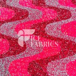 Wavy Neon Pink Blue Iridescent On Pink Stretch Velvet Sequin Fabric