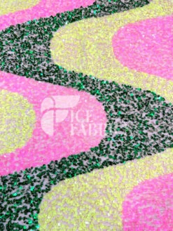 Wavy Pink Green Yellow On Champagne Stretch Velvet Sequin Fabric -Luxtex Store WavySequinStretchVelvetFabricbyTheYard PinkGreenYellowonChampagneVelvetforApparel Costume Decor3