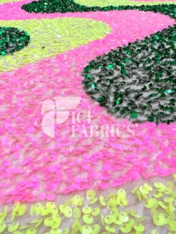 Wavy Pink Green Yellow On Champagne Stretch Velvet Sequin Fabric -Luxtex Store WavySequinStretchVelvetFabricbyTheYard PinkGreenYellowonChampagneVelvetforApparel Costume Decor4