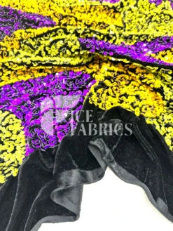 Wavy Purple Yellow On Black Stretch Velvet Sequin Fabric -Luxtex Store WavySequinStretchVelvetFabricbyTheYard PurpleYellowonBlackVelvetforApparel Costume Decor2
