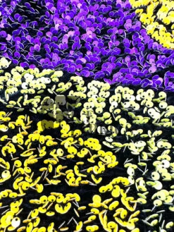 Wavy Purple Yellow On Black Stretch Velvet Sequin Fabric -Luxtex Store WavySequinStretchVelvetFabricbyTheYard PurpleYellowonBlackVelvetforApparel Costume Decor3