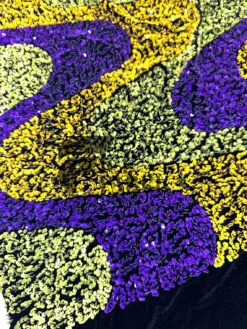 Wavy Purple Yellow On Black Stretch Velvet Sequin Fabric -Luxtex Store WavySequinStretchVelvetFabricbyTheYard PurpleYellowonBlackVelvetforApparel Costume Decor4