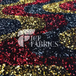 Wavy Red Black Gold On Black Stretch Velvet Sequin Fabric -Luxtex Store WavySequinStretchVelvetFabricbyTheYard RedBlackGoldonBlackVelvetforApparel Costume Decor1