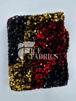 Wavy Red Black Gold On Black Stretch Velvet Sequin Fabric -Luxtex Store WavySequinStretchVelvetFabricbyTheYard RedBlackGoldonBlackVelvetforApparel Costume Decor2