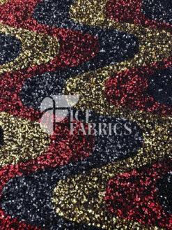 Wavy Red Black Gold On Black Stretch Velvet Sequin Fabric -Luxtex Store WavySequinStretchVelvetFabricbyTheYard RedBlackGoldonBlackVelvetforApparel Costume Decor3