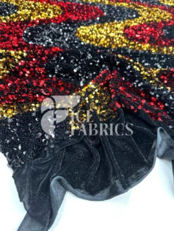 Wavy Red Black Gold On Black Stretch Velvet Sequin Fabric -Luxtex Store WavySequinStretchVelvetFabricbyTheYard RedBlackGoldonBlackVelvetforApparel Costume Decor4