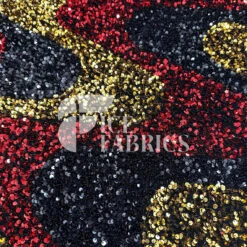 Wavy Red Black Gold On Black Stretch Velvet Sequin Fabric