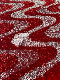 Wavy Red Silver On Red Stretch Velvet Sequin Fabric
