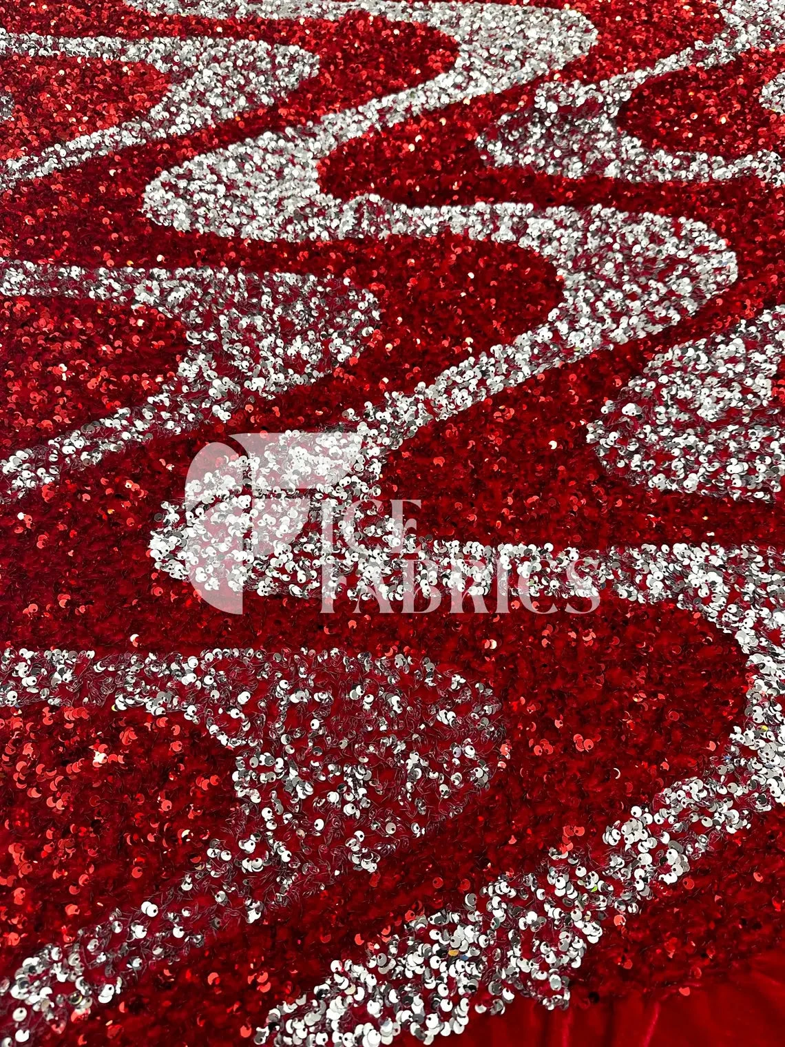 Wavy Red Silver On Red Stretch Velvet Sequin Fabric 3 Wavy Red Silver On Red Stretch Velvet Sequin Fabric