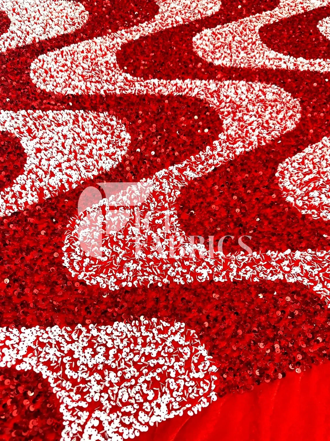 Wavy Red White On Red Stretch Velvet Sequin Fabric 4 Wavy Red White On Red Stretch Velvet Sequin Fabric - Image 2