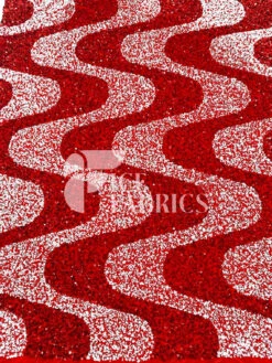 Wavy Red White On Red Stretch Velvet Sequin Fabric