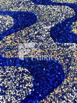 Wavy Royal Silver Iridescent On Blue Stretch Velvet Sequin Fabric -Luxtex Store WavySequinStretchVelvetFabricbyTheYard RoyalSilverIridescentonBlueVelvetforApparel Costume Decor2