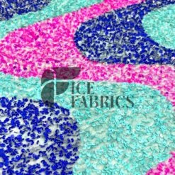 Wavy Aqua Neon Pink Purple On Aqua Stretch Velvet Sequin Fabric -Luxtex Store WavySequinStretchVelvetFabricbyTheYard WideAquaNeonPinkPurpleonAquaVelvetforApparel Costume Decor2