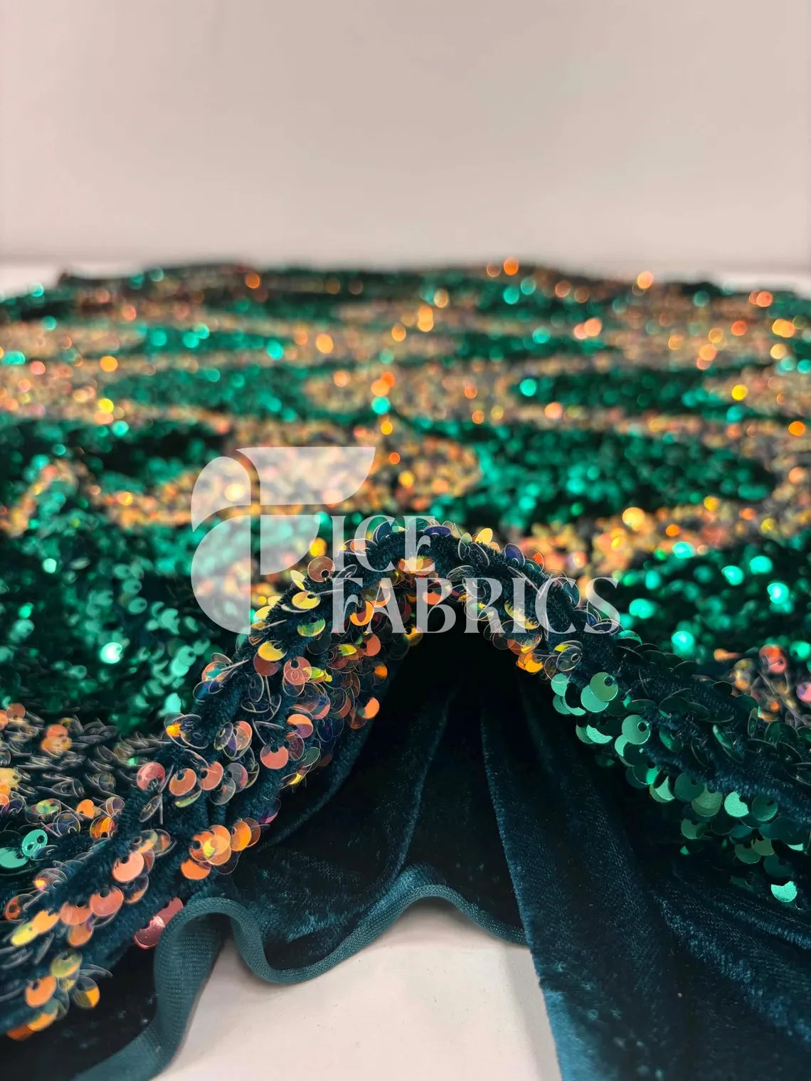 Wavy Hunter Green Iridescent Orange On Green Stretch Velvet Sequin Fabric 6 Wavy Hunter Green Iridescent Orange On Green Stretch Velvet Sequin Fabric - Image 4