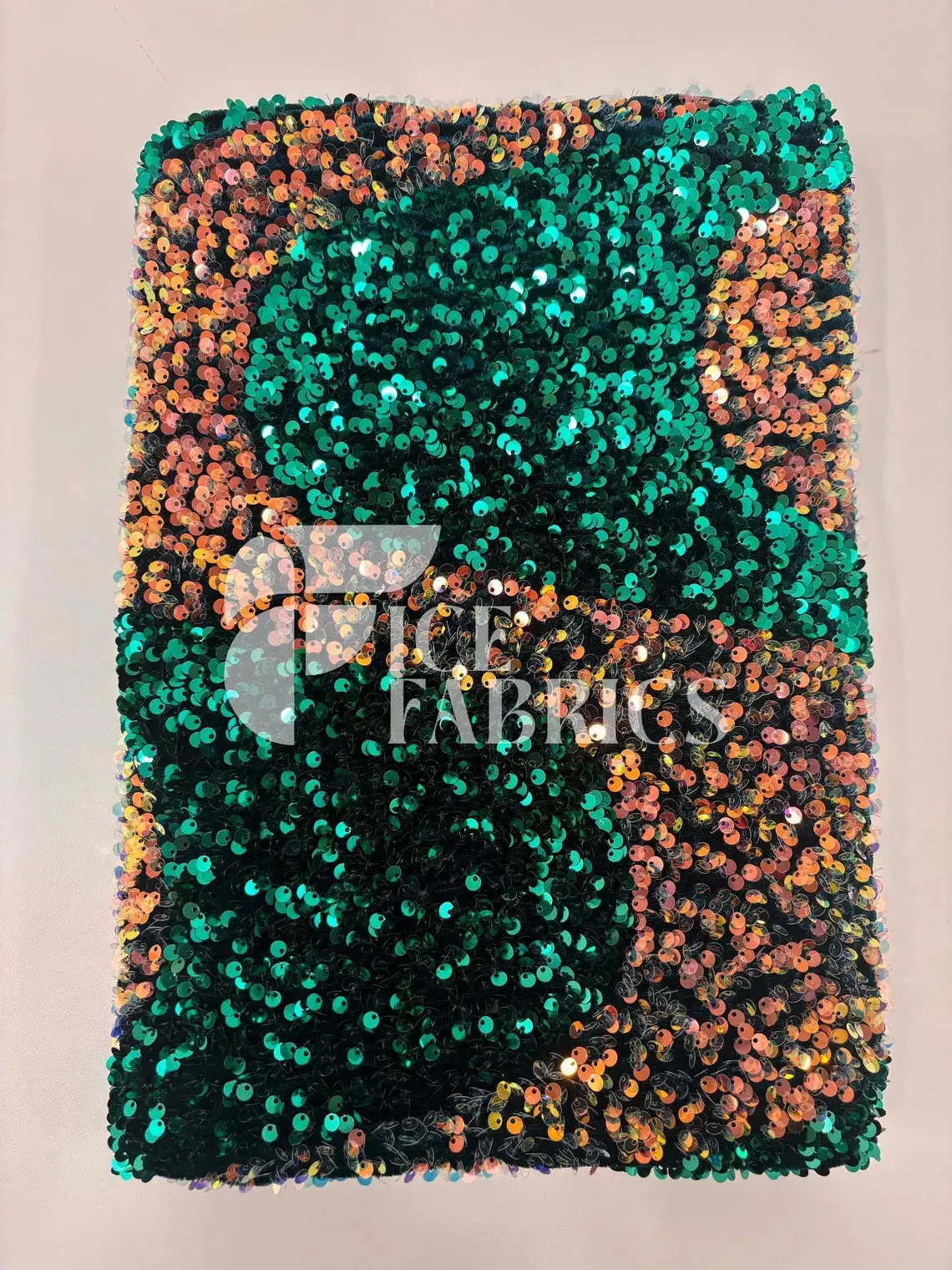 Wavy Hunter Green Iridescent Orange On Green Stretch Velvet Sequin Fabric 7 Wavy Hunter Green Iridescent Orange On Green Stretch Velvet Sequin Fabric - Image 5